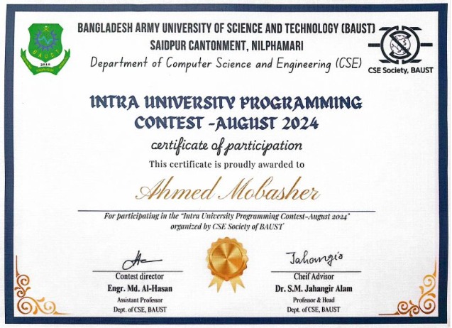 Intra University Programming Contest Certificate